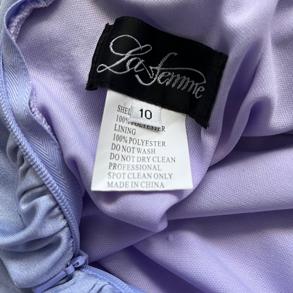 La Femme Strappy Back Ruched Trumpet Gown in Periwinkle - Picture 7 of 11